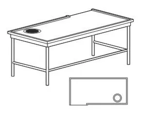 Table de triage avec trou-dechets  20cm  droite  	Plan pour panier 50x50 - Structure en tube inox AISI 304 	Accrochage avec flange pour connection au lave-vaisselle TCS/A1D